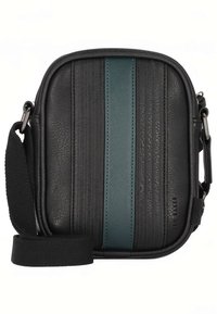 Liten svart skulderveske med teksturerte vertikale striper og en sentral stripe i teal lær, justerbar svart stroppe av stoff festet.