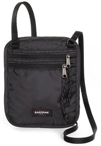 Borsa in nylon nera con due tasche frontali con zip, tracolla regolabile e logo Eastpak. Presenta una texture liscia e un design rettangolare piatto.