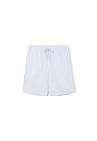 Pantaloni da bagno bianchi con vita elastica e coulisse. Presentano due tasche laterali e una texture leggera e liscia.