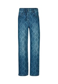 Hellblaue Denim-Jeans mit Schlangenledermuster, geradem Bein, Knopf- und Reißverschlussverschluss sowie vorderen Taschen.