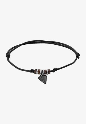 Bracciale in corda nera con pendente triangolare nero, accenti di perline argento e marrone, e nodi regolabili.