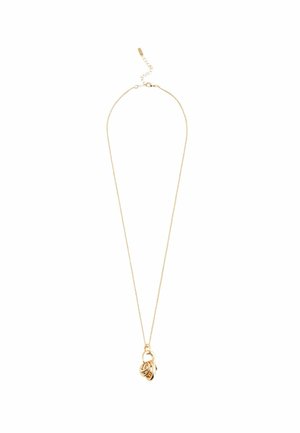 Goldene Halskette mit einer zarten Kette und einem gedrehten Knotenhänger. Die Kette verfügt über einen verstellbaren Verschluss zur Längenanpassung.