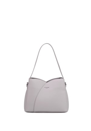 Hellgraue Leder-Umhängetasche mit geschwungenem Designdetail und einem Trageriemen, minimalistischer Stil, zentriert auf weißem Hintergrund.