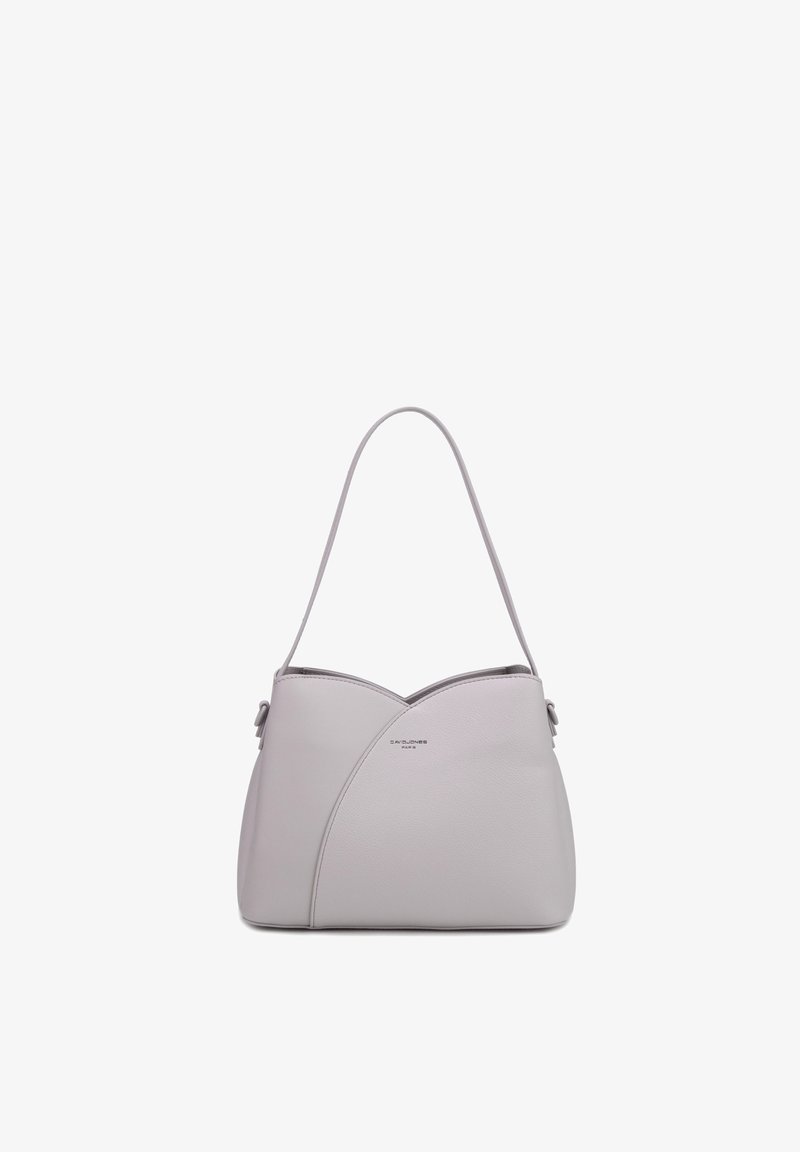 Sac à épaule en cuir gris clair avec détail de design incurvé et une seule bandoulière, style minimaliste, centré sur fond blanc.