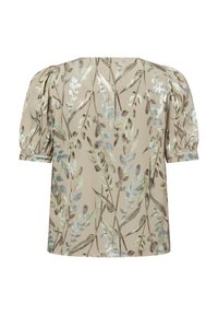 Kurzarmbluse aus beiger Stoff mit floralem Muster in Grün und metallic Akzenten. Hat einen Bootsausschnitt und Puffärmel.