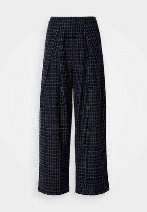 Dunkelkariertes weit geschnittenes Hosenpaar verfügt über einen hohen Bund und ein gefälteltes Vorderdesign, hergestellt aus strukturiertem Stoff mit geradem Schnitt.