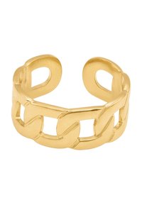 Goldfarbene verstellbare Ring mit einem Ketten-Design, das eine glatte Oberfläche und offene Enden für ein einfaches Tragen aufweist.