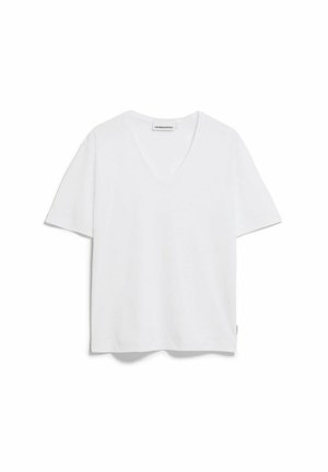 T-shirt blanc à col en V et manches courtes, coupe décontractée, avec une petite étiquette de la marque à l'intérieur du col et à l'ourlet latéral.