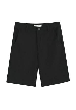 Shorts noirs mi-genoux avec bouton à l'avant, passants de ceinture, poches latérales et une étiquette blanche sur la ceinture portant l'inscription "FRILIVIN."