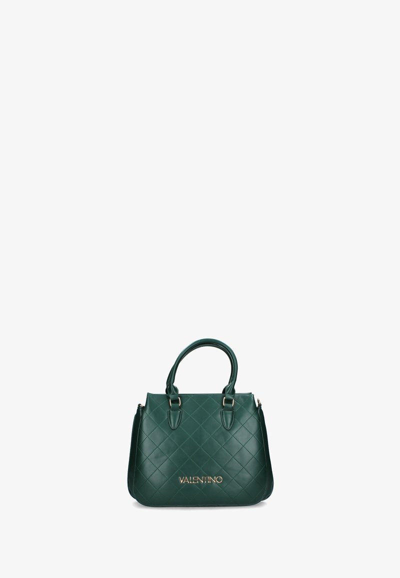 Borsa a tracolla verde imbottita con forma strutturata e doppio manico. Logo dorato "VALENTINO" sulla parte anteriore. Materiale in ecopelle liscia.