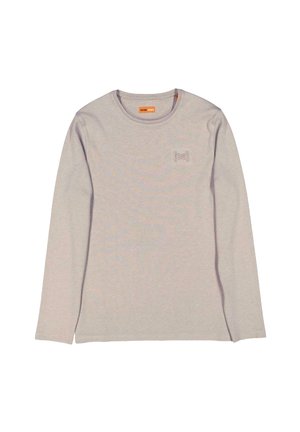 Light gray long-sleeve T-shirt made of soft fabric, featuring a round neckline and a small embossed logo on the left chest area.
