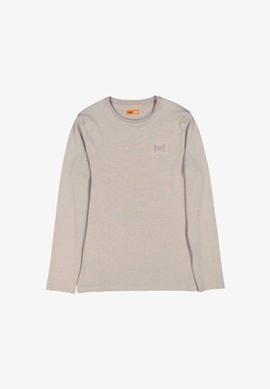 Light gray long-sleeve T-shirt made of soft fabric, featuring a round neckline and a small embossed logo on the left chest area.