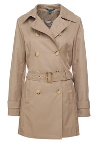 Beige dubbelknäppt trenchcoat med skärp, vid krage, knappade mudd och två sidofickor.