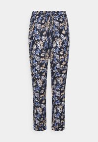 Blomstrede bukser med snoreliv, prydet med en mørk marineblå baggrund og blå samt beige blomster. Lavet af letvægtsstof, lige pasform.
