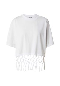 Witte cropped t-shirt gemaakt van katoen, met een ronde hals en geknoopte franjes detail aan de zoom met een textuureffect.