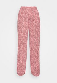 Floor-length, loose-fitting trousers in a red floral pattern. Made of lightweight fabric. Elastic waistband with no visible hardware.