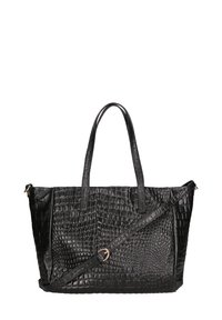 Borsa a spalla nera in pelle sintetica con motivo testurizzato a coccodrillo, doppi manici e una tracolla regolabile con hardware dorato.