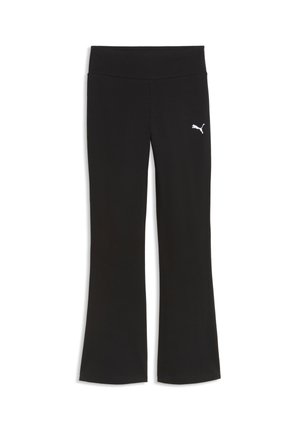 Pantalones deportivos negros acampanados con una cinturilla alta y pequeño logo blanco de Puma en la parte superior del muslo izquierdo.