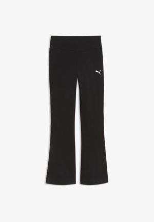 Pantalon de sport noir évasé avec une taille haute et un petit logo blanc Puma sur la partie supérieure de la cuisse gauche.