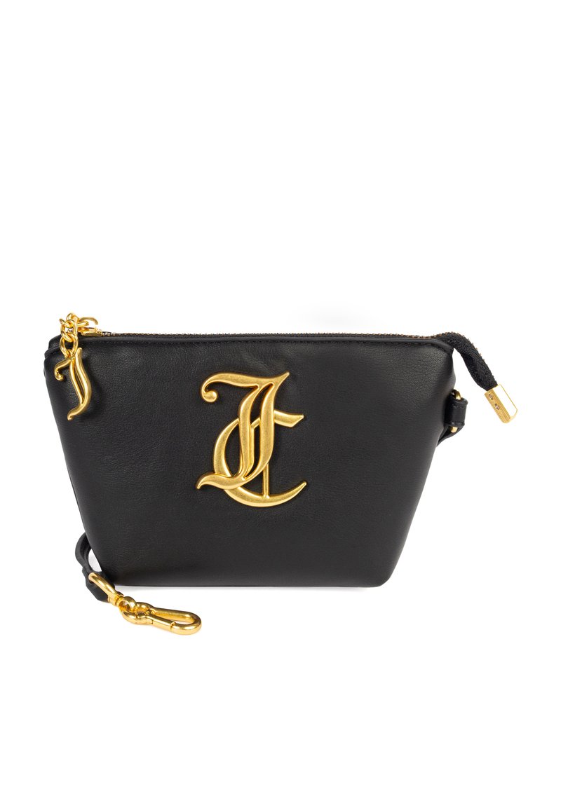 Svart läderpung med ett gyllene "L"-logotyp, dragkedjestängning och avtagbar gyllene hårdvara. Har en texturerad yta och en elegant design.