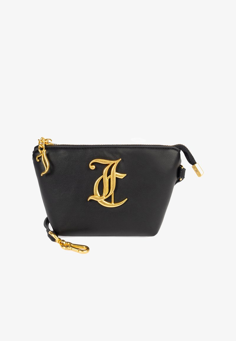 Černá kožená taštička se zlatým logem "L", zapínání na zip a odnímatelným zlatým kováním. Disponuje textura povrchu a elegantním designem.