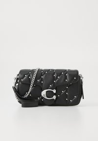 Black quilted leather handbag with silver stud accents and a chain strap. Features a prominent silver hardware clasp. Compact rectangular shape.