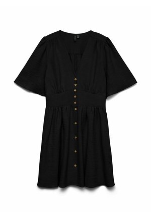 Melna midi kleita ar īsām piedurknēm, V-veida kakla izgriezumu, pieguļošu jostasvietu un rindu brūnu pogu pa priekšu. Strukturēta auduma.