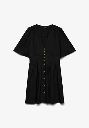 Melna midi kleita ar īsām piedurknēm, V-veida kakla izgriezumu, pieguļošu jostasvietu un rindu brūnu pogu pa priekšu. Strukturēta auduma.