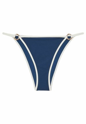 Navy blue bikini bottom featuring contrasting white trim and gold-tone ring details on the sides; classic brief shape with smooth texture.