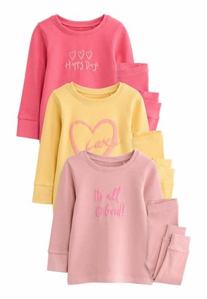 Tre set di felpe e pantaloni per bambini: rosa con "Happy Days", giallo con un cuore e rosa chiaro con "It's all @ Good!" Tessuto morbido.