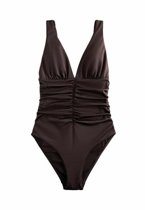 Jednodielne tmavohnedé plavky s hlbokým výstrihom do V a záhybmi v strede vpredu.