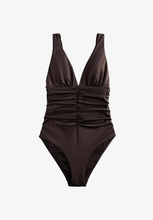 Sötétbarna egyrészes fürdőruha mély V-nyakrésszel és redőzött részletekkel a középső elülső részen.