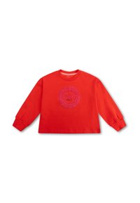 Rode longsleeve sweatshirt van zachte katoen met een ronde halslijn en elastische manchetten. Heeft een verheven paarse logo "Oily 1963" in het midden.