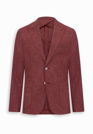 Męska marynarka w kolorze burgundowym o dopasowanym kroju, z delikatnym teksturowanym wzorem, klapami z wycięciem, dwoma przednimi guzikami i naszywanymi kieszeniami.