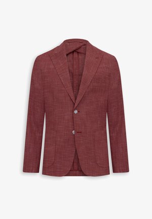 Męska marynarka w kolorze burgundowym o dopasowanym kroju, z delikatnym teksturowanym wzorem, klapami z wycięciem, dwoma przednimi guzikami i naszywanymi kieszeniami.