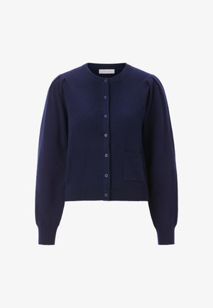 Navy blue knitted cardigan with a round neckline, long puffed sleeves, front buttons, and a small patch pocket on the left side.