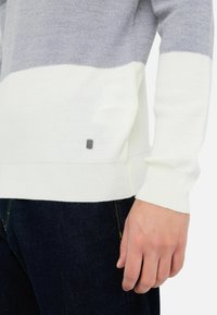 Prim-plan al unei persoane îmbrăcate cu un pulover alb și gri cu mânecă lungă, având un mic logo din metal lângă talie și blugi negri.