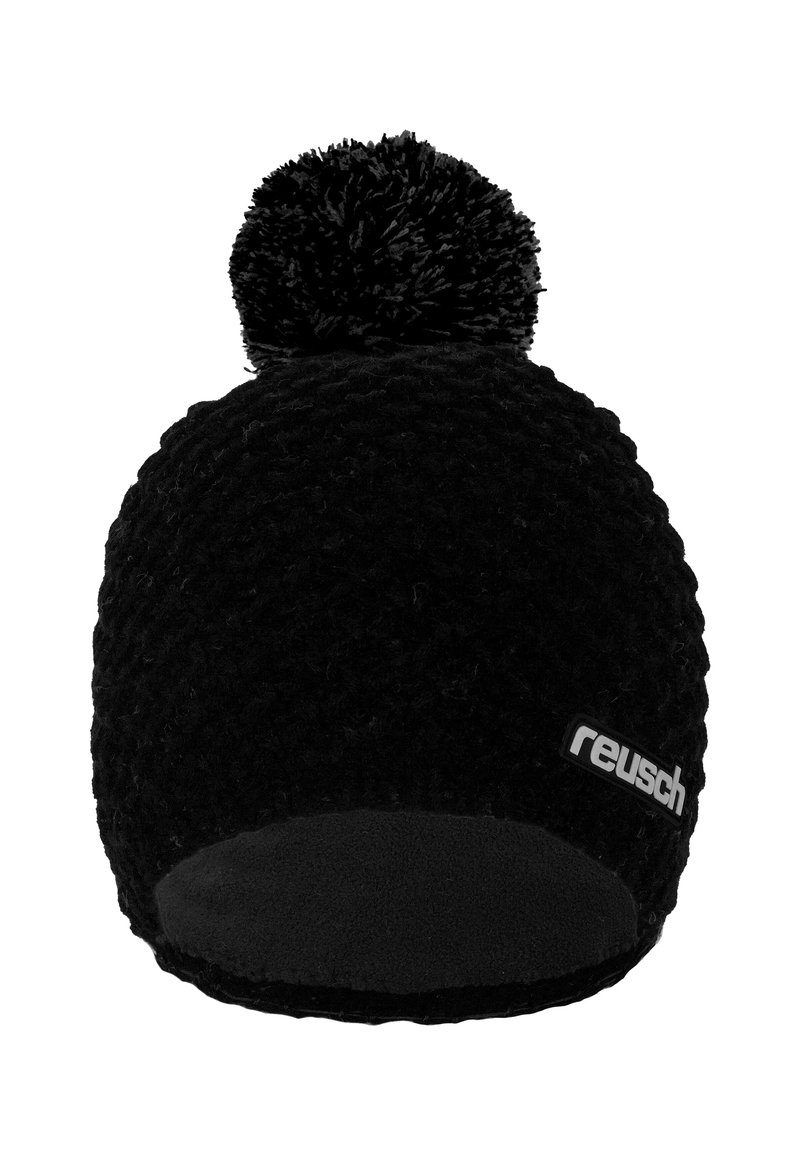 Black knit beanie with a rounded shape, featuring a textured surface and a fluffy pom-pom on top. Brand label on the side.