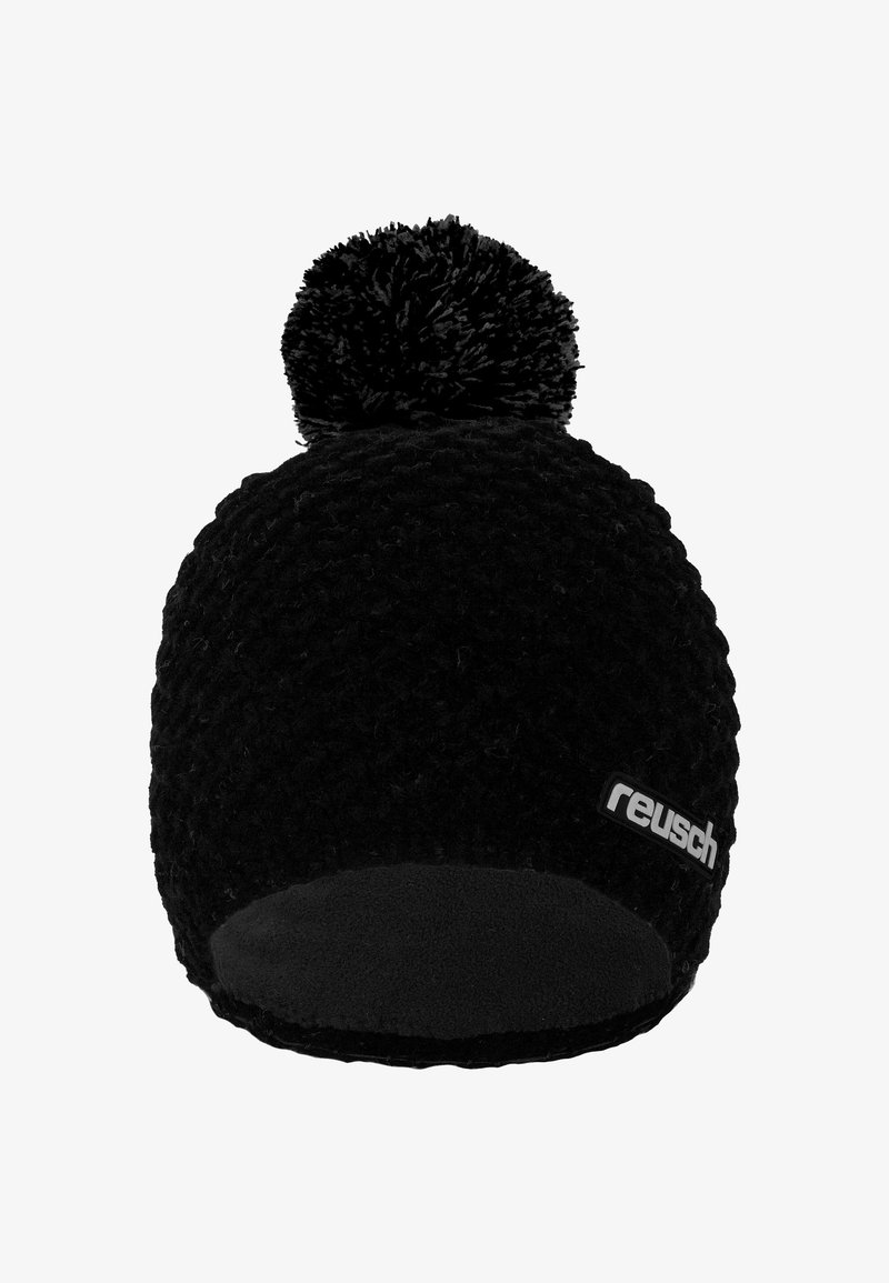 Black knit beanie with a rounded shape, featuring a textured surface and a fluffy pom-pom on top. Brand label on the side.