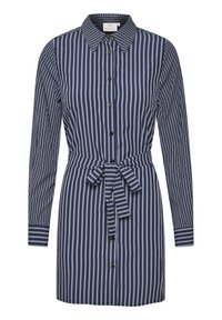 Abito button-up blu navy con righe verticali bianche, maniche lunghe, vita con cintura e collare classico. Texture del tessuto liscia.