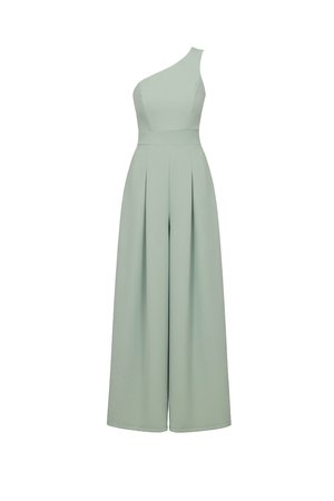 Tuta verde pallido con una spalla, pantaloni a gamba larga e vita aderente, con pieghe verticali sulle gambe.