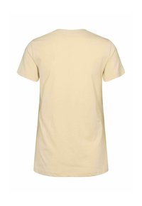 Világos beige színű, rövid ujjú póló, pamutból készült, kerek nyakkivágással és laza szabással, elől minta nélkül.