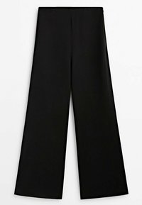 Pantalon noir à jambes larges, taille haute et tissu lisse, présenté à plat sur un fond blanc.