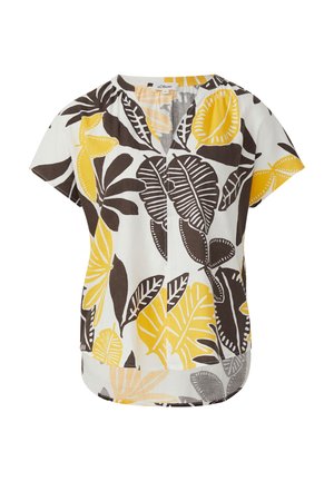 Kurzarmbluse aus weißer Baumwolle mit einem Blumenmuster in Gelb und Braun, mit einem V-Ausschnitt und einem abgerundeten Saum.