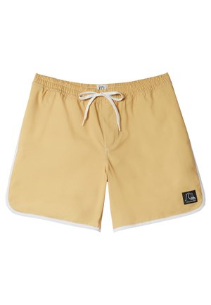 Geel zwemshorts met een elastische tailleband en een witte trekkoord, contrasterende witte zijpanelen en een zwart merkembleem.