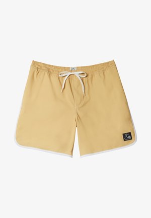 Geel zwemshorts met een elastische tailleband en een witte trekkoord, contrasterende witte zijpanelen en een zwart merkembleem.
