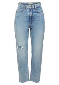 Jean bleu clair taille haute à jambes droites, fermeture par bouton et zip, poches avant et petit détail déchiré sur la cuisse gauche.