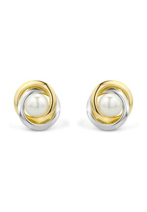 Pendientes de botón redondos con una perla blanca central rodeada de lazos metálicos entrelazados de oro y plata pulidos.