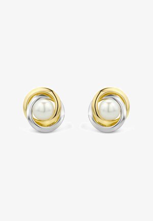 Boucles d'oreilles clous rondes avec une perle blanche centrale entourée de boucles en métal or et argent poli entrelacées.