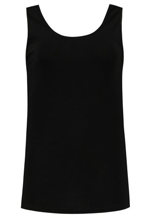Black tank top made of stretchy fabric, featuring a scoop neckline and a fitted silhouette with no visible patterns or accents.